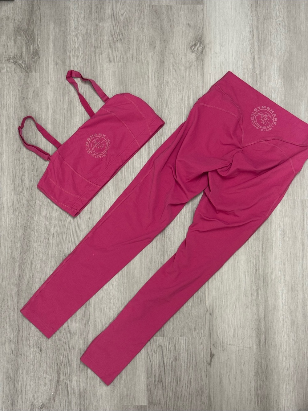 Gymshark Pink Seamless Sports Bra & Leggings Set with Retro Shark Logo